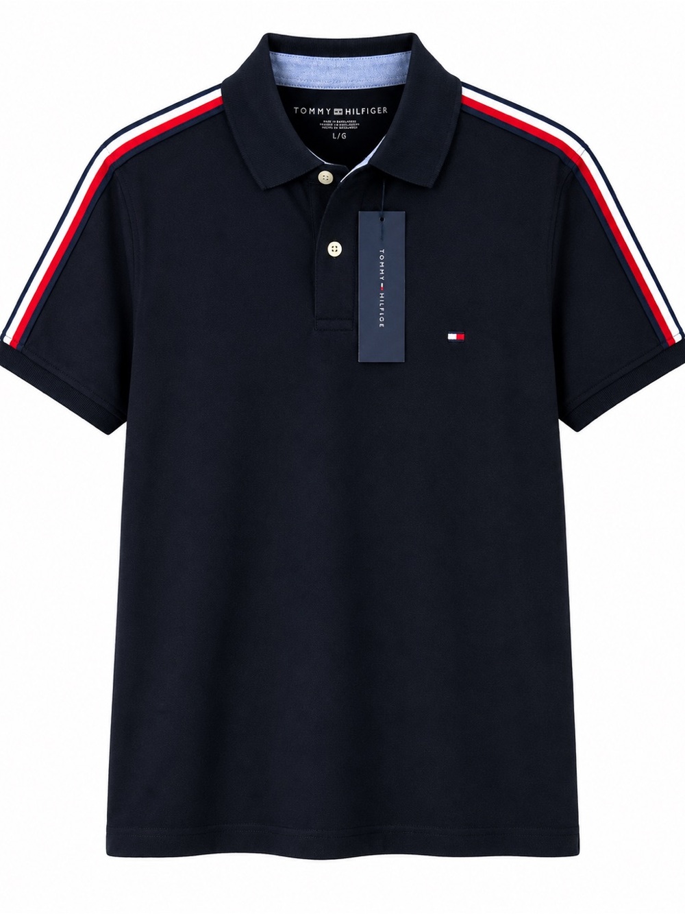 Tommy Hilfiger Navy Polo with Red and White Shoulder Stripes